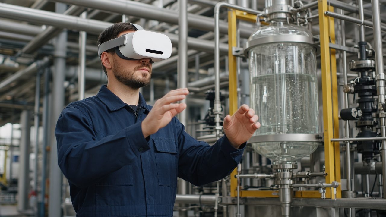 Techniker übt am Headset neben der Anlage